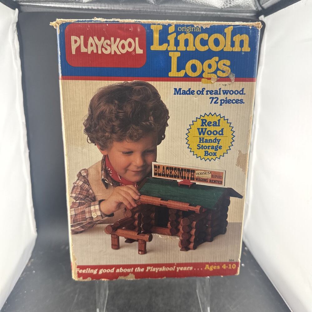 Vintage Playskool Original Lincoln Logs Wood Building Set w/ Box - 61 Pieces